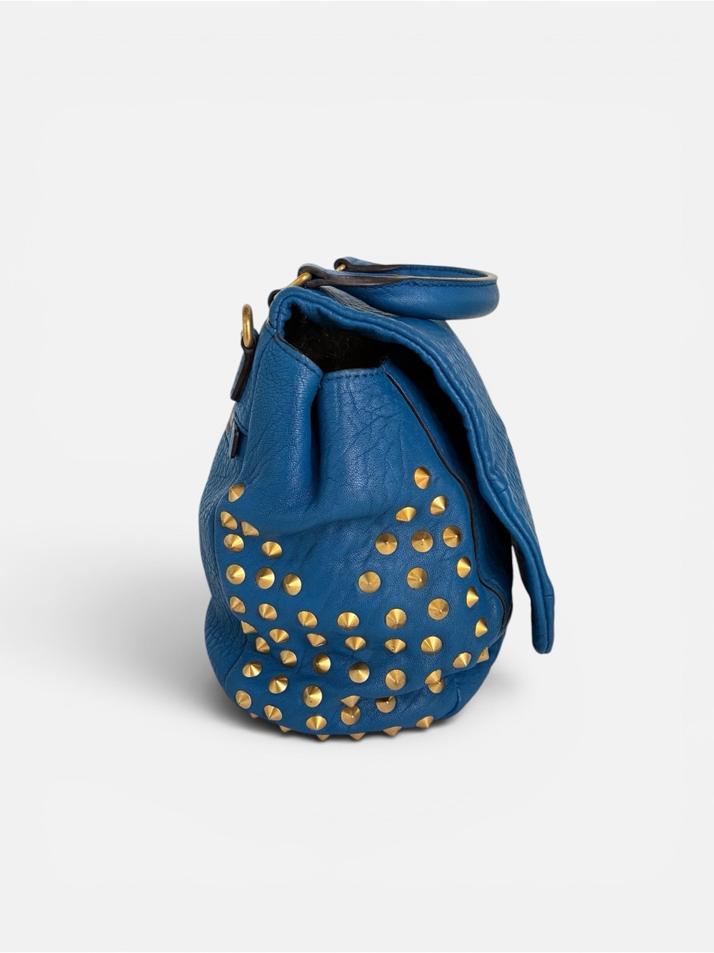 MCM Blue Pebbled Leather Studded Satchel Crossbody Bag Gold Hardware - Picture 4 of 13